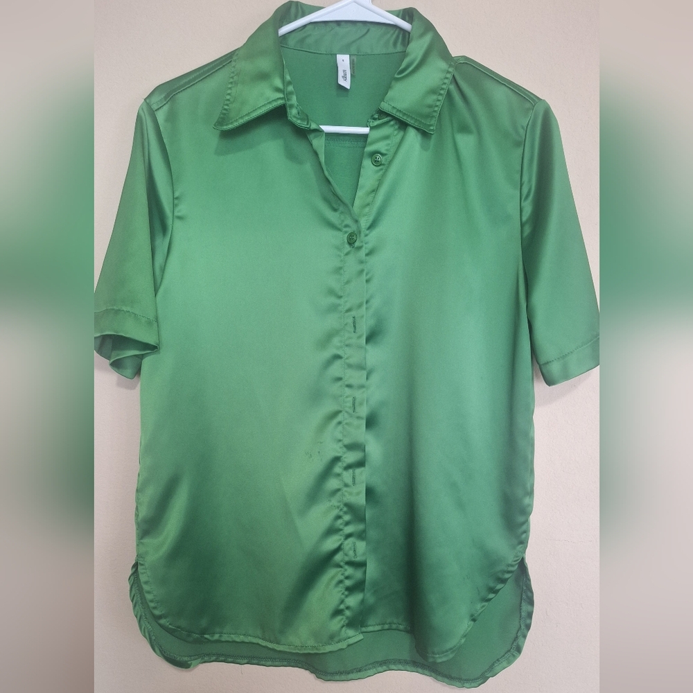 Glam Lush Green Satin Button Down Shirt